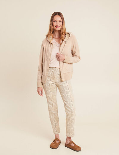 Gilet droit mi-long à capuche creme femme