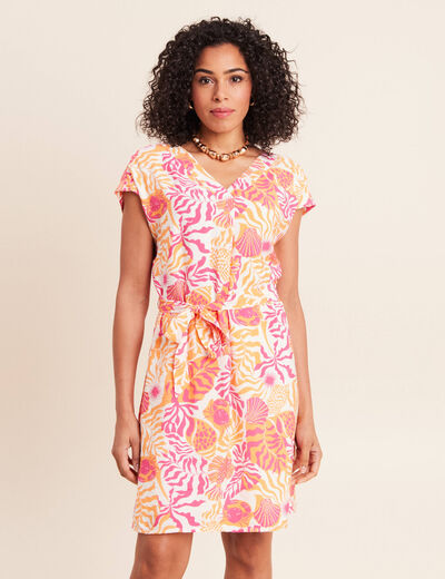 Robe droite courte col v manches courtes rose corail femme