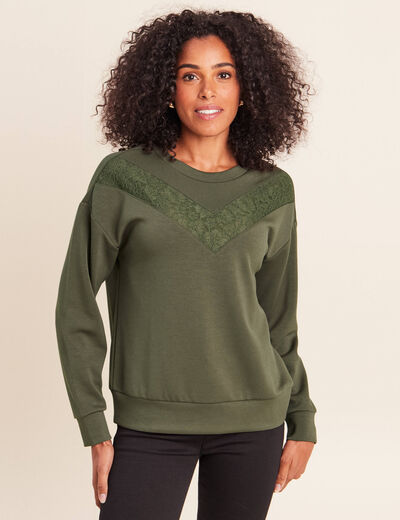 Sweat manches longues d&eacute;tail dentelle vert kaki femme
