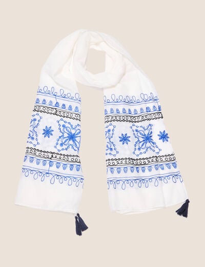 Foulard brodé à pampilles bleu marine femme