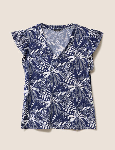 T-shirt col v manches courtes bleu femme