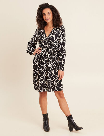 Robe courte &eacute;vas&eacute;e col v manches longues noir femme