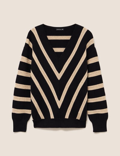Pull droit court col v manches longues bleu femme