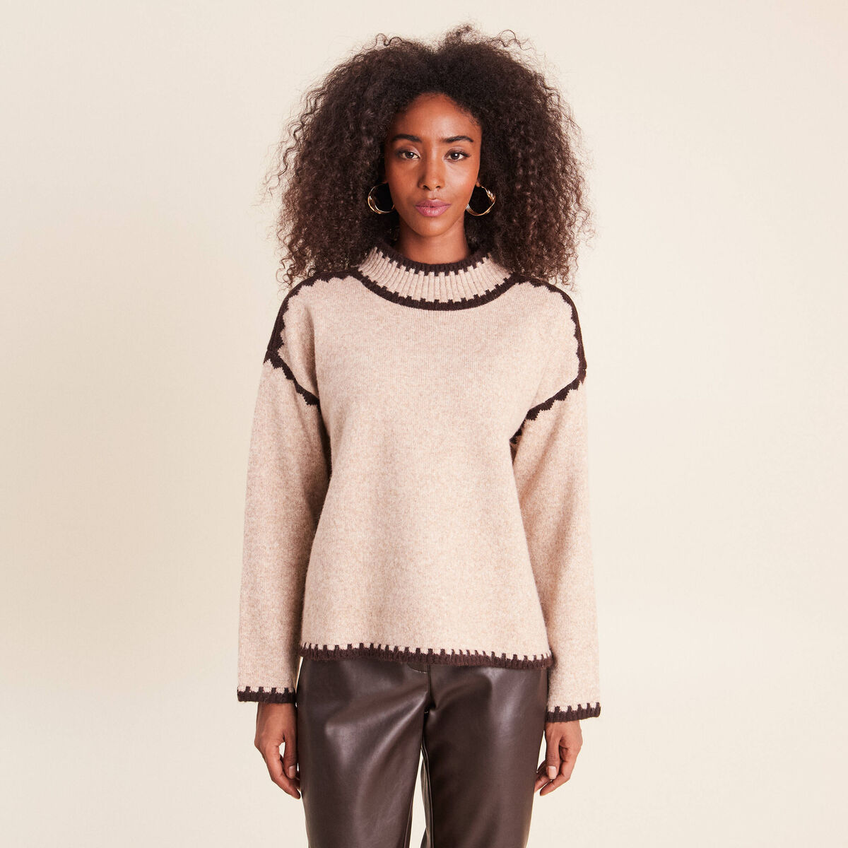 Pull col montant beige femme