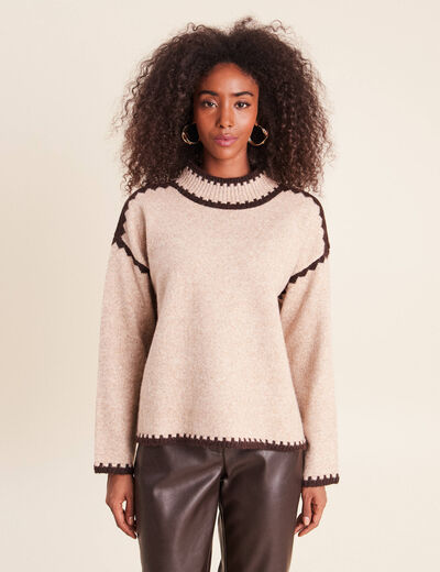 Pull col montant beige femme