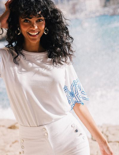 T-shirt manches courtes brodé blanc femme