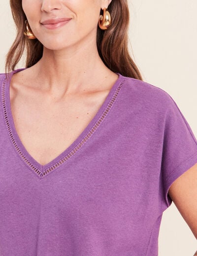 T-shirt col v manches courtes aspect lin violet femme