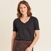 T-shirt col V manches courtes noir femme