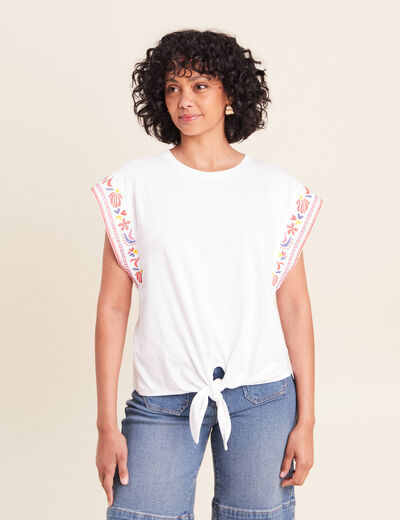 T-shirt broderie bas resserr&eacute; blanc femme