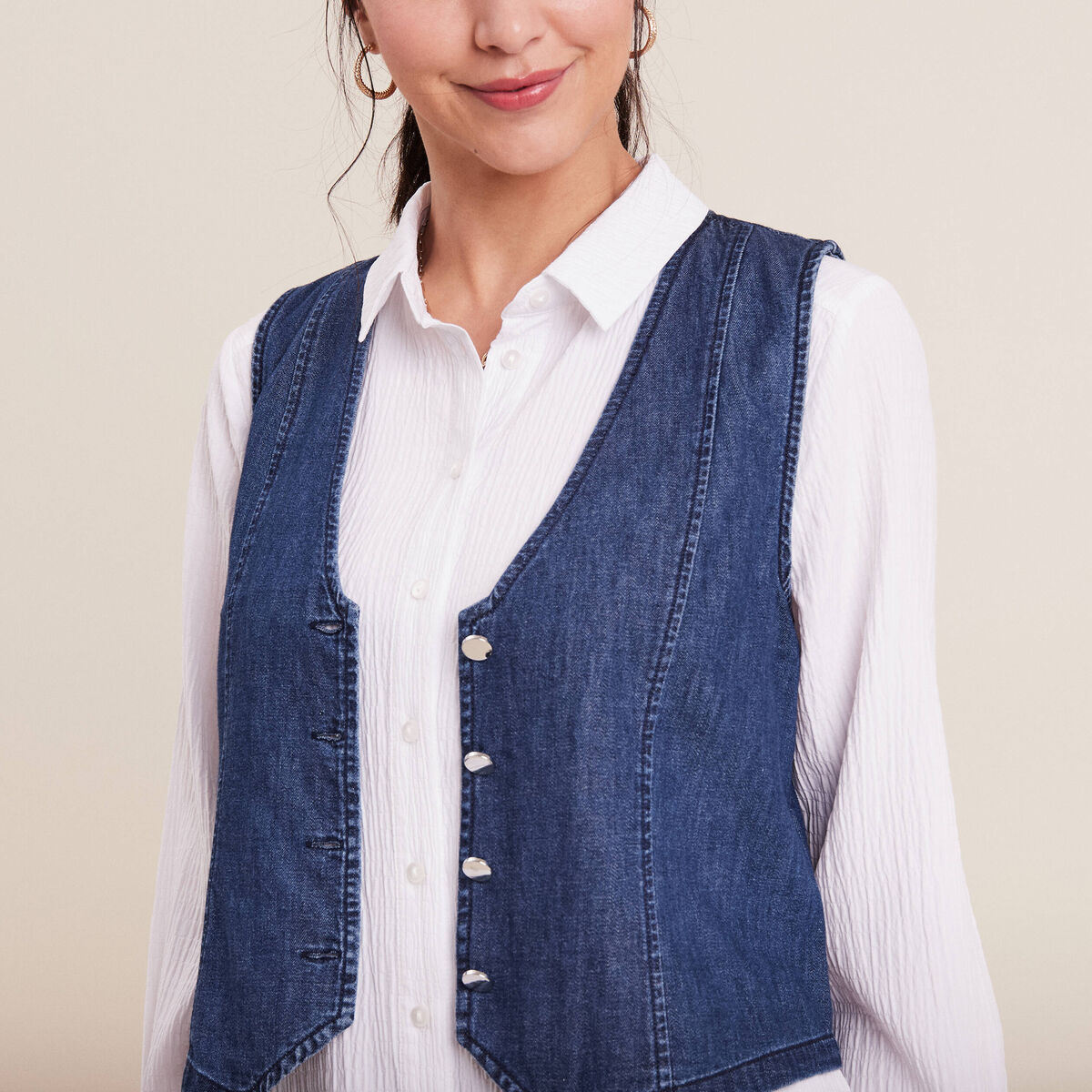 Gilet barman sans manches jean denim double stone femme