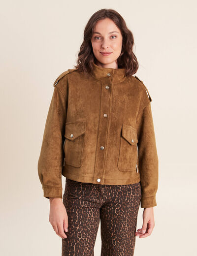 Veste ample col montant doubl&eacute;e marron fonc&eacute; femme