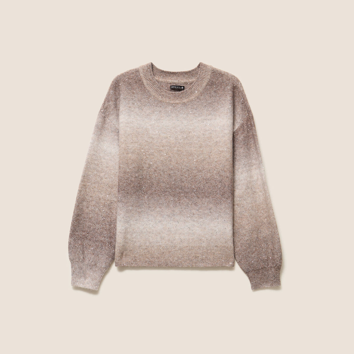 Pull col rond &agrave; sequins taupe femme