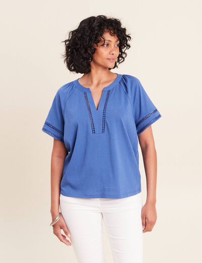Blouse col v manches courtes bleu roi femme