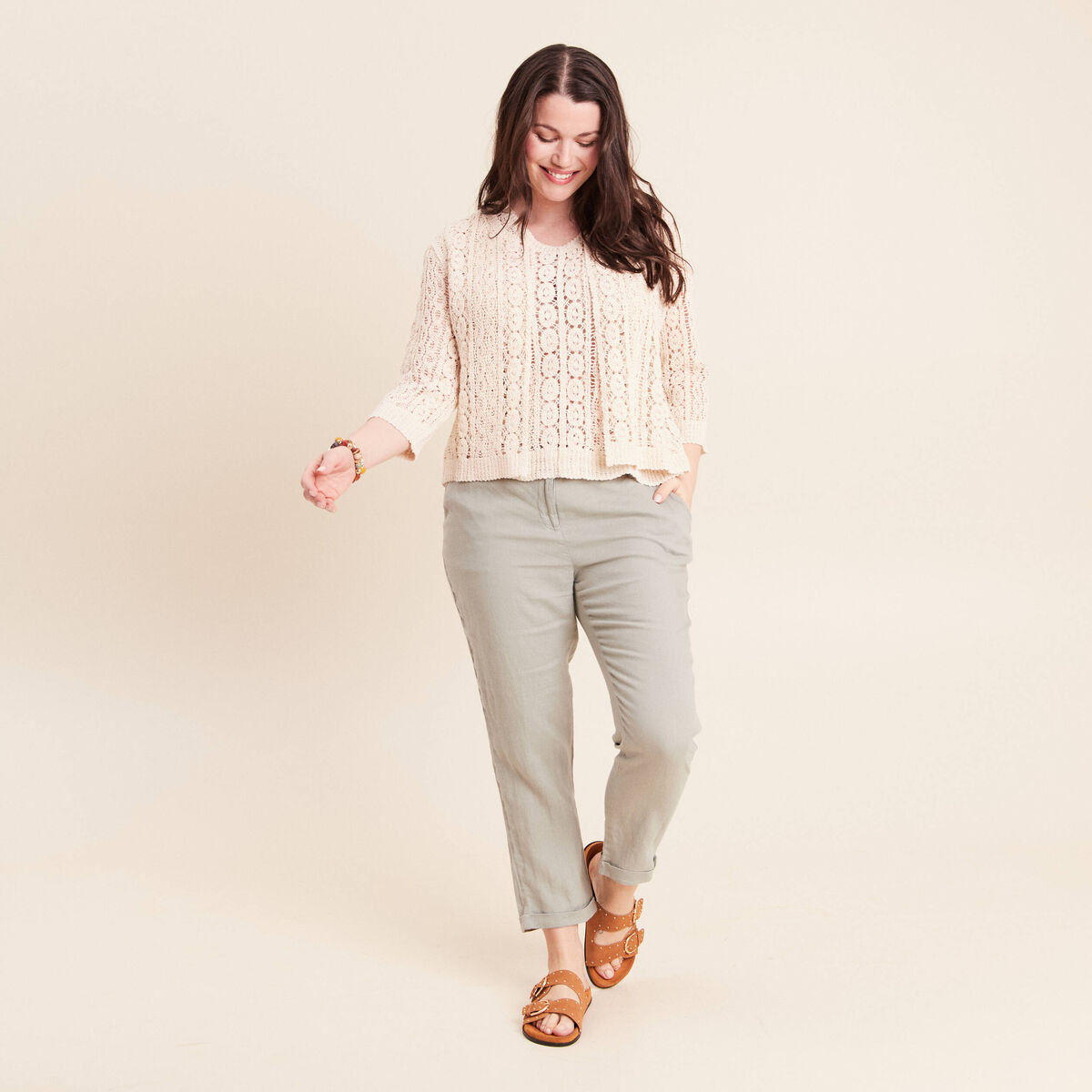Gilet manches 3/4 ajour&eacute; ecru femme