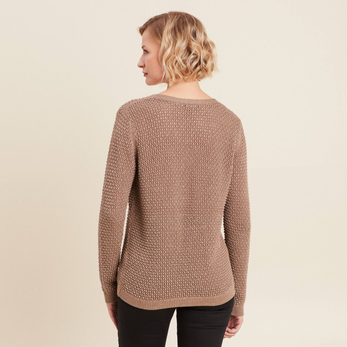 Pull manches longues col en V taupe femme