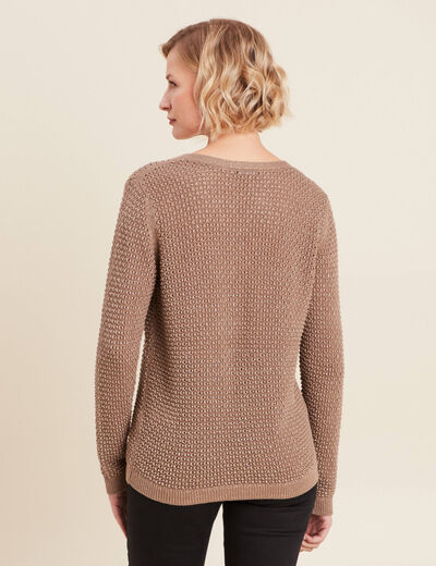 Pull manches longues col en V taupe femme