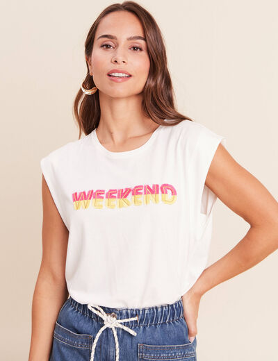 T-shirt col rond sans manches ecru femme
