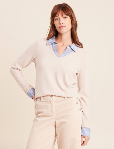 T-shirt effet 2 en 1 col chemise creme femme