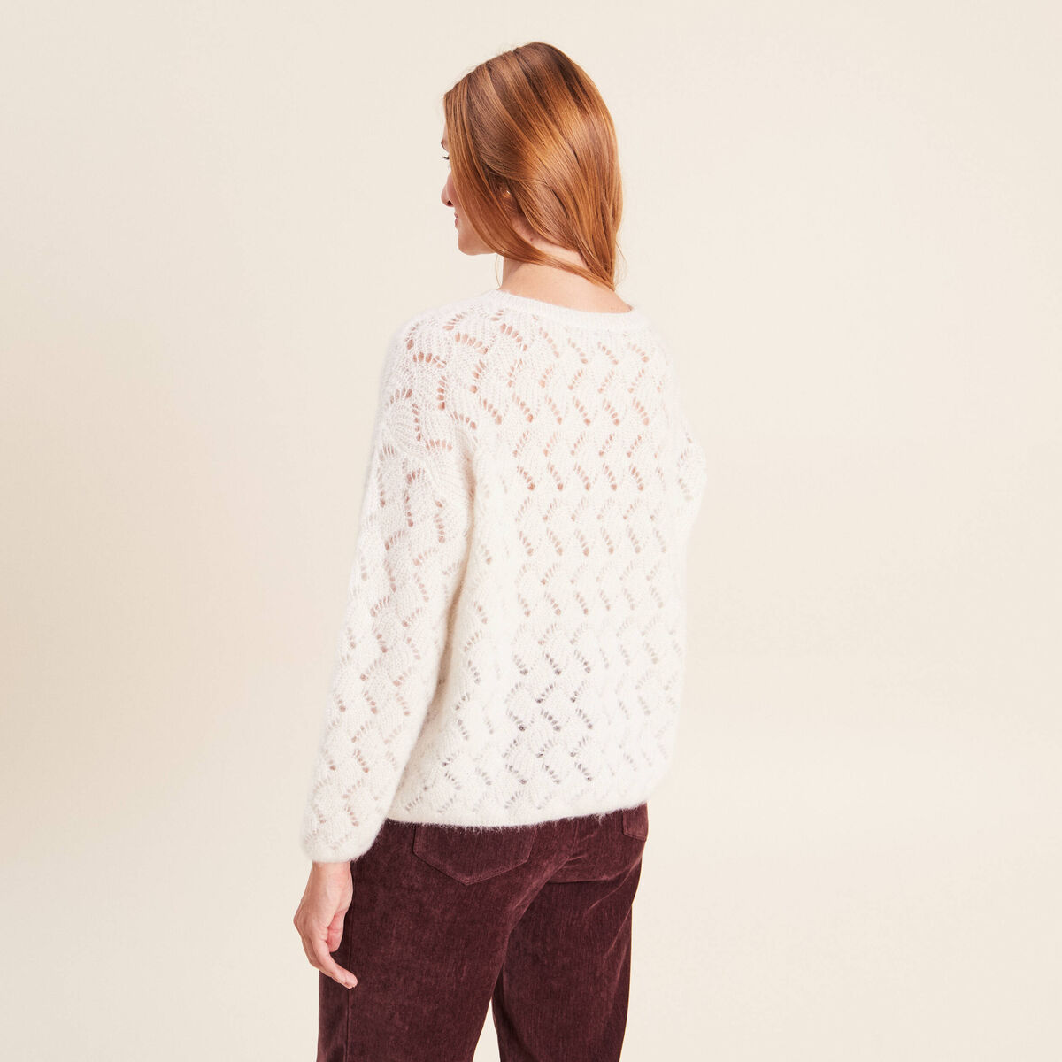 Pull manches longues ajour&eacute; ecru femme