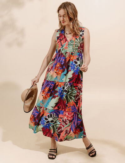 Robe longue &eacute;vas&eacute;e sans manches multicolore femme