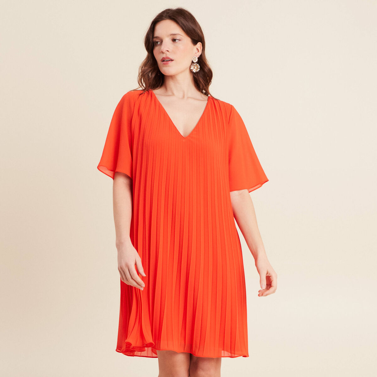 Robe droite pliss&eacute;e orange fonc&eacute; femme