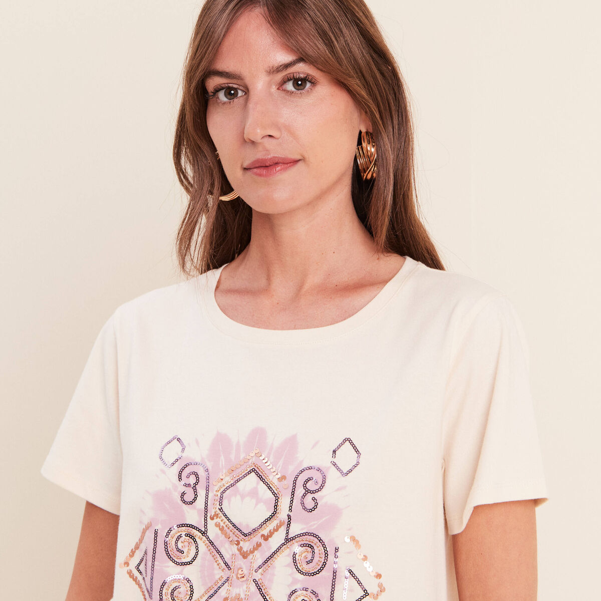 T-shirt col rond manches courtes ecru femme