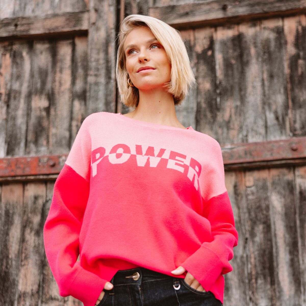Pull col rond manches longues rose fushia femme