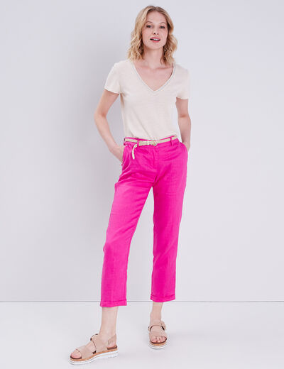 Pantalon chino taille basculée rose fushia femme
