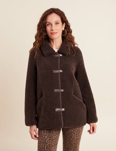 Manteau droit effet mouton marron fonc&eacute; femme