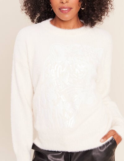 Pull col rond ecru femme