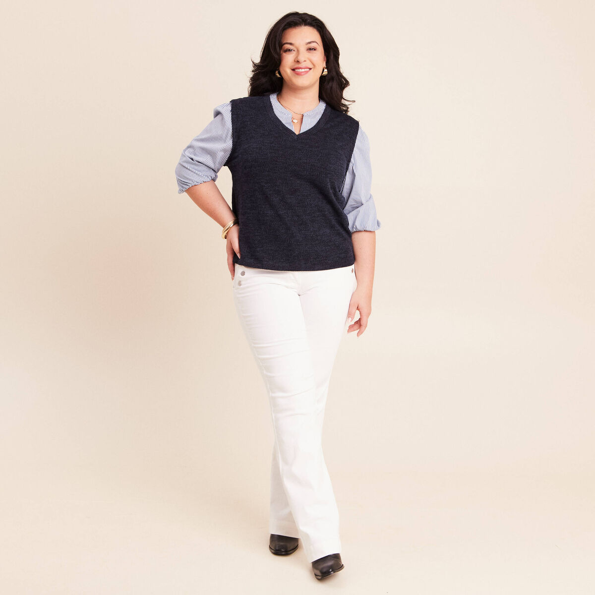 T-shirt 2 en 1 col tunisien manches 3/4 bleu marine femme