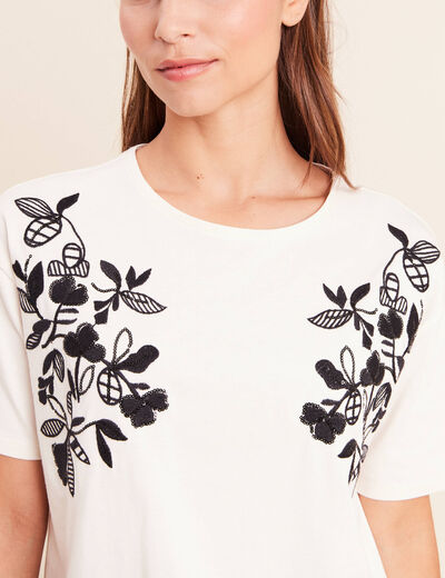T-shirt ample col rond brod&eacute; ecru femme