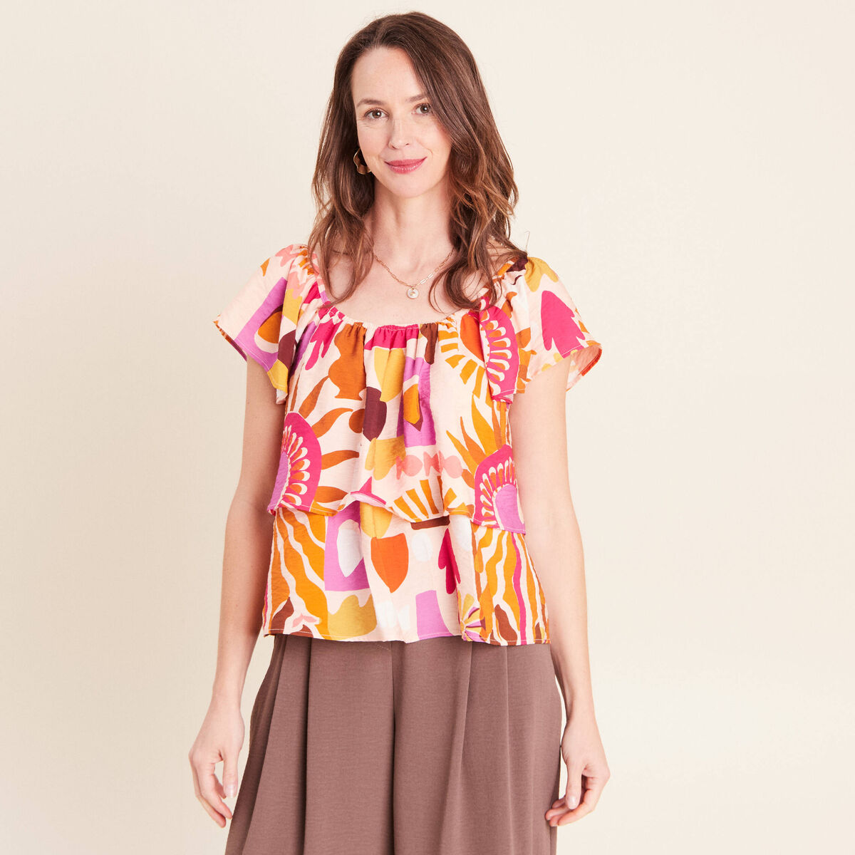 Blouse col v manches courtes fluide multicolore femme