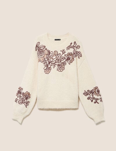 Pull col rond brod&eacute; &agrave; sequins ecru femme