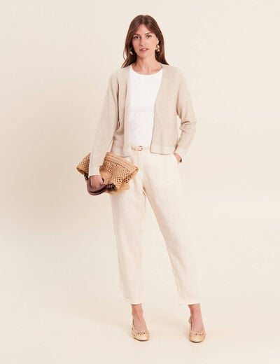 Pantalon coupe chino en lin ceintur&eacute; beige femme