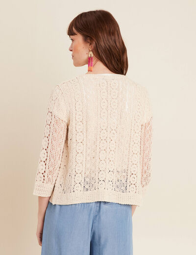 Gilet manches 3/4 ajouré ecru femme