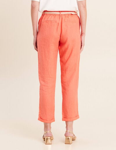 Pantalon coupe chino en lin ceintur&eacute; orange fluo femme