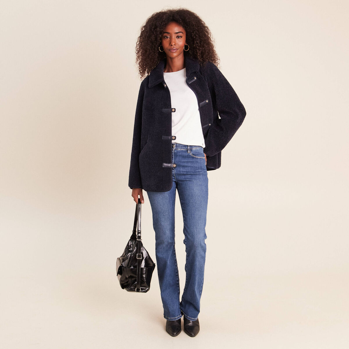 Manteau droit effet mouton bleu fonc&eacute; femme