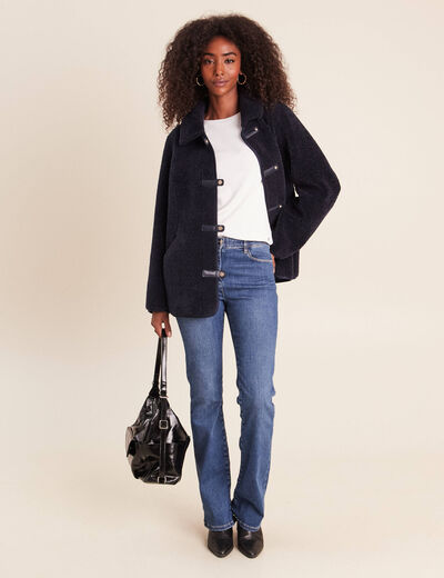 Manteau droit effet mouton bleu fonc&eacute; femme