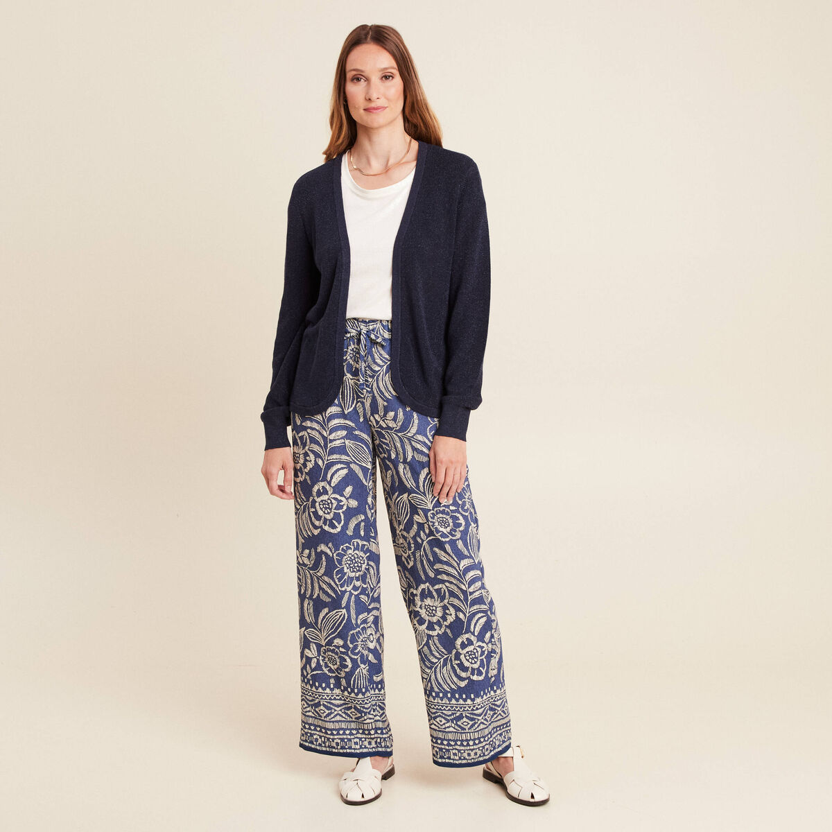 Pantalon large taille haute bleu femme
