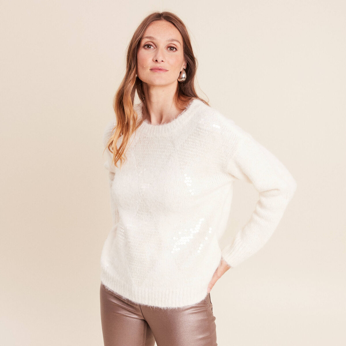 Pull col rond manches longues &agrave; sequins ecru femme