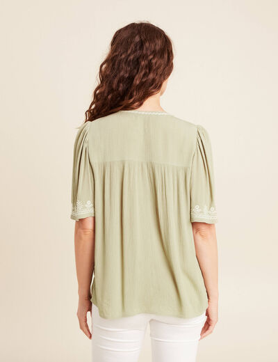 Chemise crêpe broderie col rond vert kaki femme