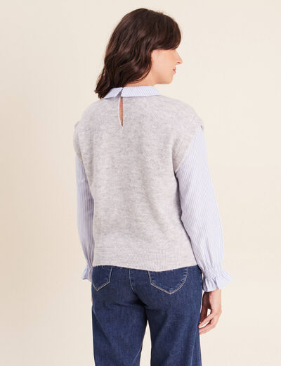 Pull bi-mati&egrave;re col chemise gris clair femme