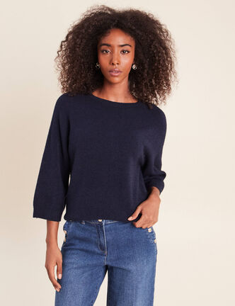 Pull droit col rond manches 3/4 bleu marine femme