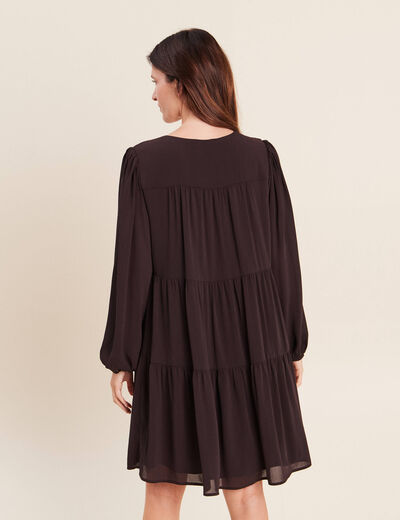 Robe courte &eacute;vas&eacute;e col v manches longues marron fonc&eacute; femme