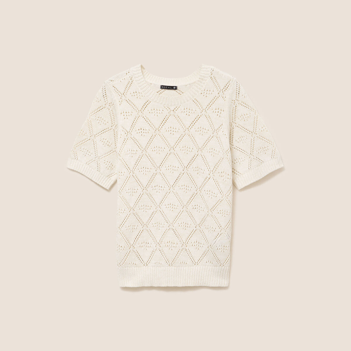 Pull droit court manches courtes ecru femme