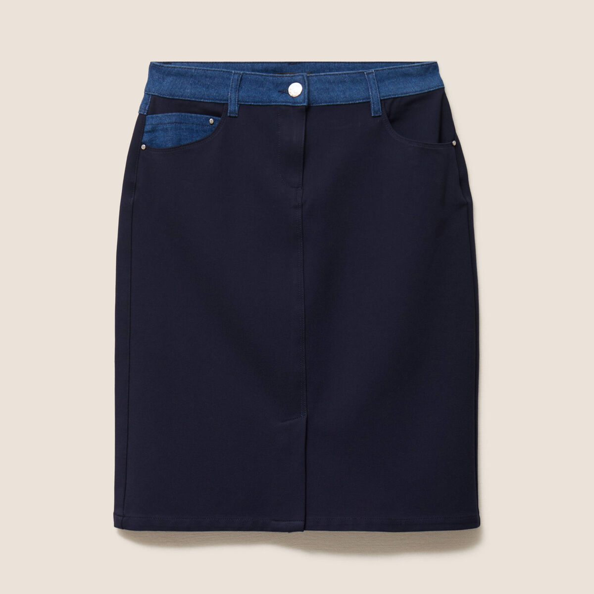 Jupe droite bi-mati&egrave;re bleu fonc&eacute; femme