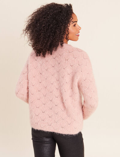 Pull ajour&eacute; col rond vieux rose femme