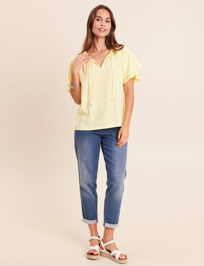 Blouse col v manches coudes jaune pastel femme