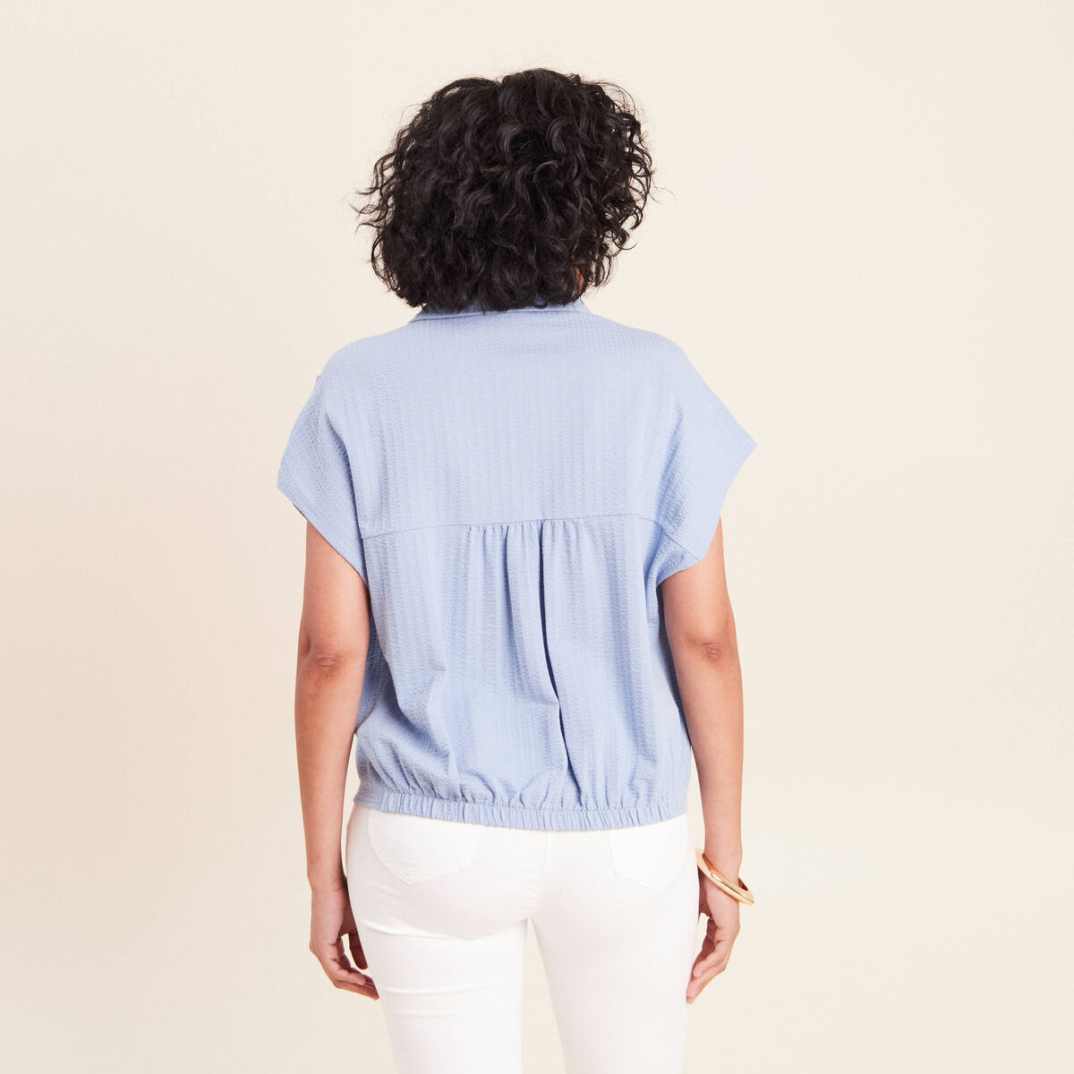 Blouse ample cropped col am&eacute;ricain bleu gris femme
